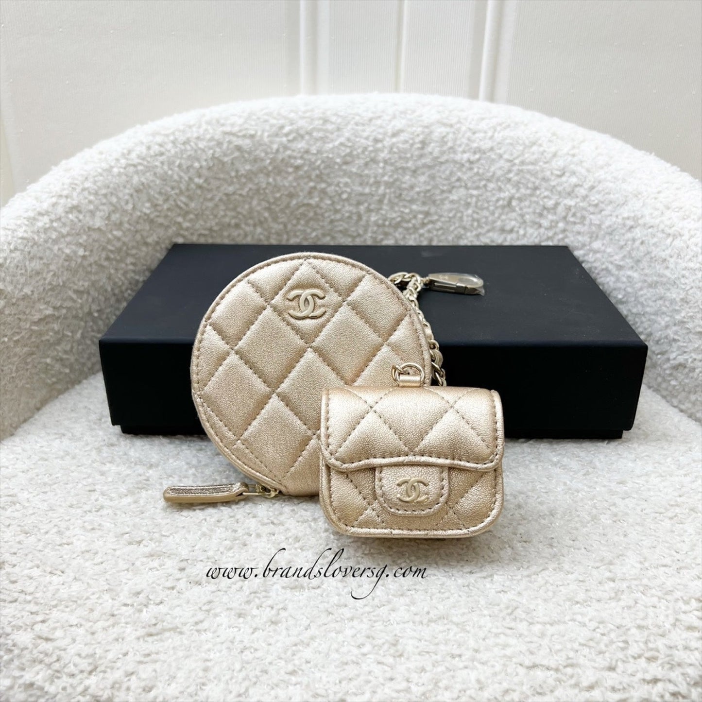 2024 VIP Gift Round Pouch and Airpods Holder Bag Charm in Metallic Gold Lambskin and LGHW Refined