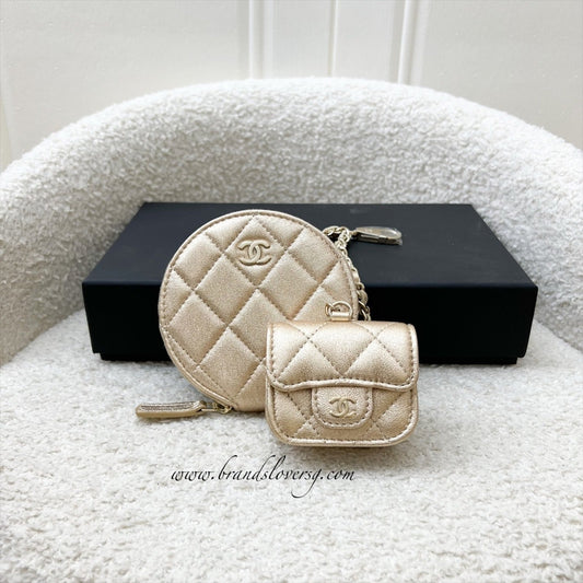 2024 VIP Gift Round Pouch and Airpods Holder Bag Charm in Metallic Gold Lambskin and LGHW Refined