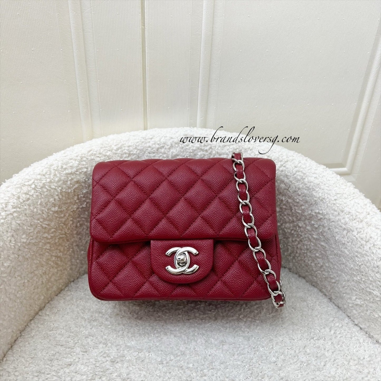 Chanel Classic Square Mini Flap in Red Caviar and SHW Accessory