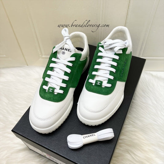 Chanel Sneakers in White Calfskin and Green Suede Sz 37.5 (Model: )