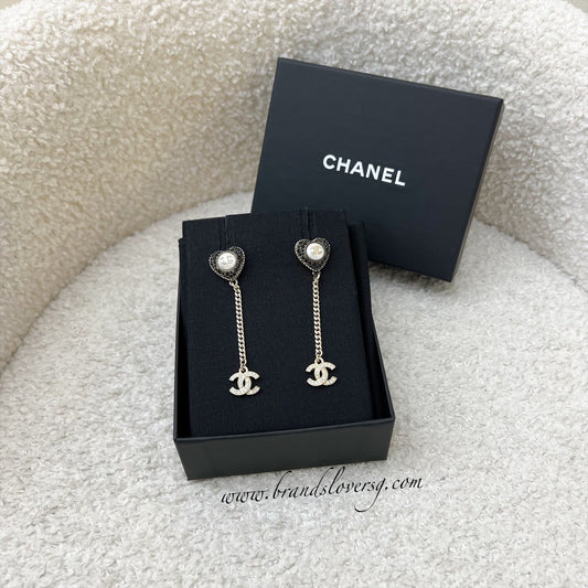 Chanel CC Heart Long Earrings with Black and White Crystals and Pearls Jewelry