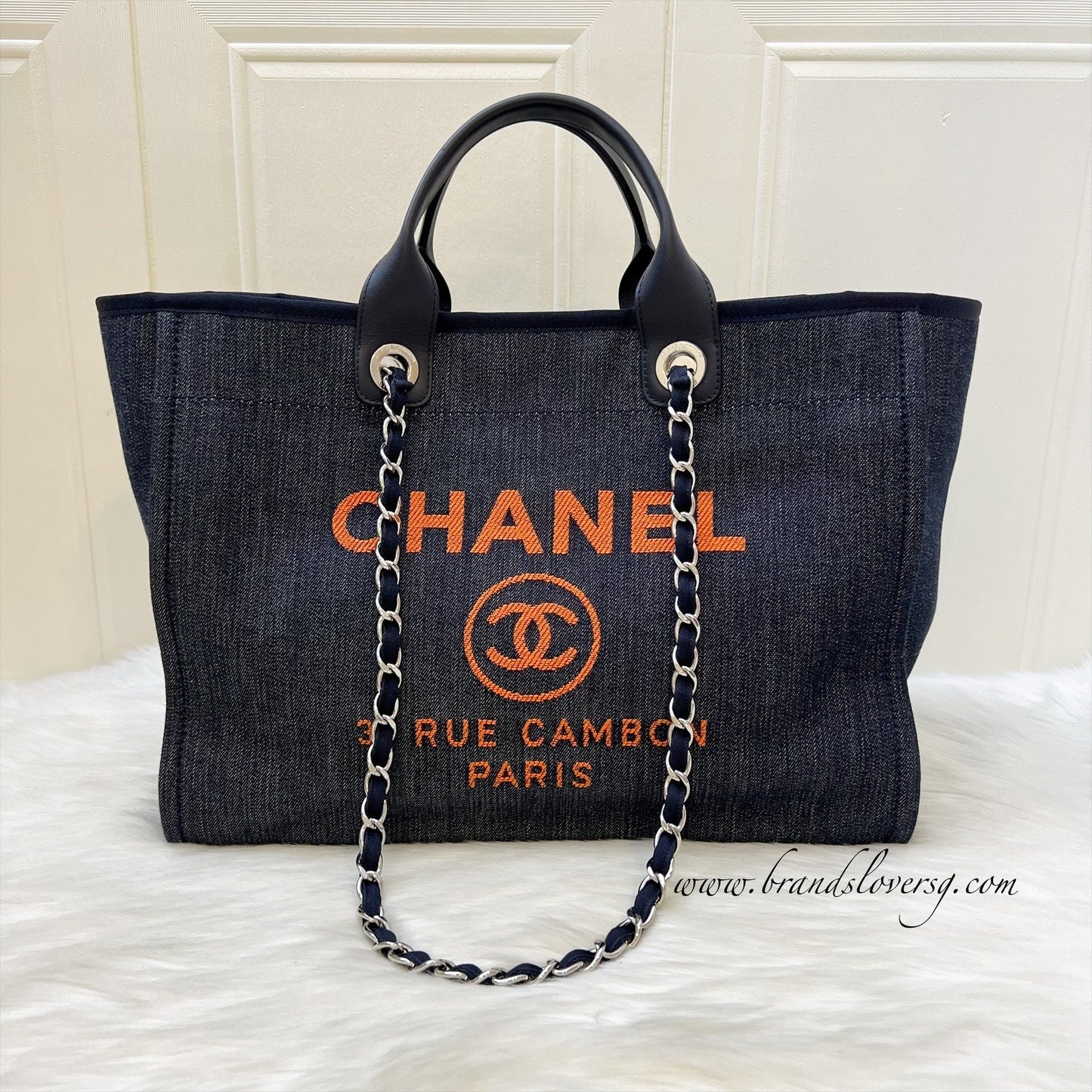 Chanel Medium / Large Deauville Tote in Denim Fabric, Navy Leather Trim and SHW (Model: )