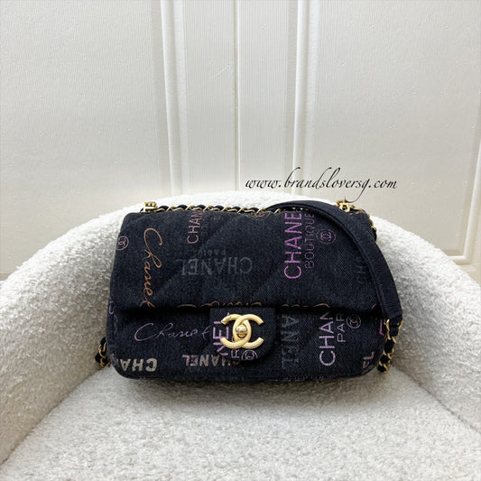 Denim Mood Small Flap Bag in Black Printed Denim and AGHW Signature