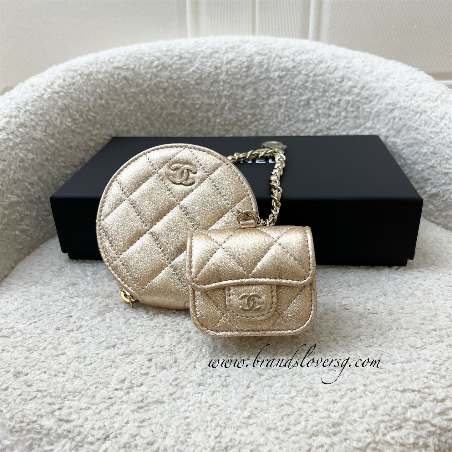 2024 VIP Gift Round Pouch and Airpods Holder Bag Charm in Metallic Gold Lambskin and LGHW Signature