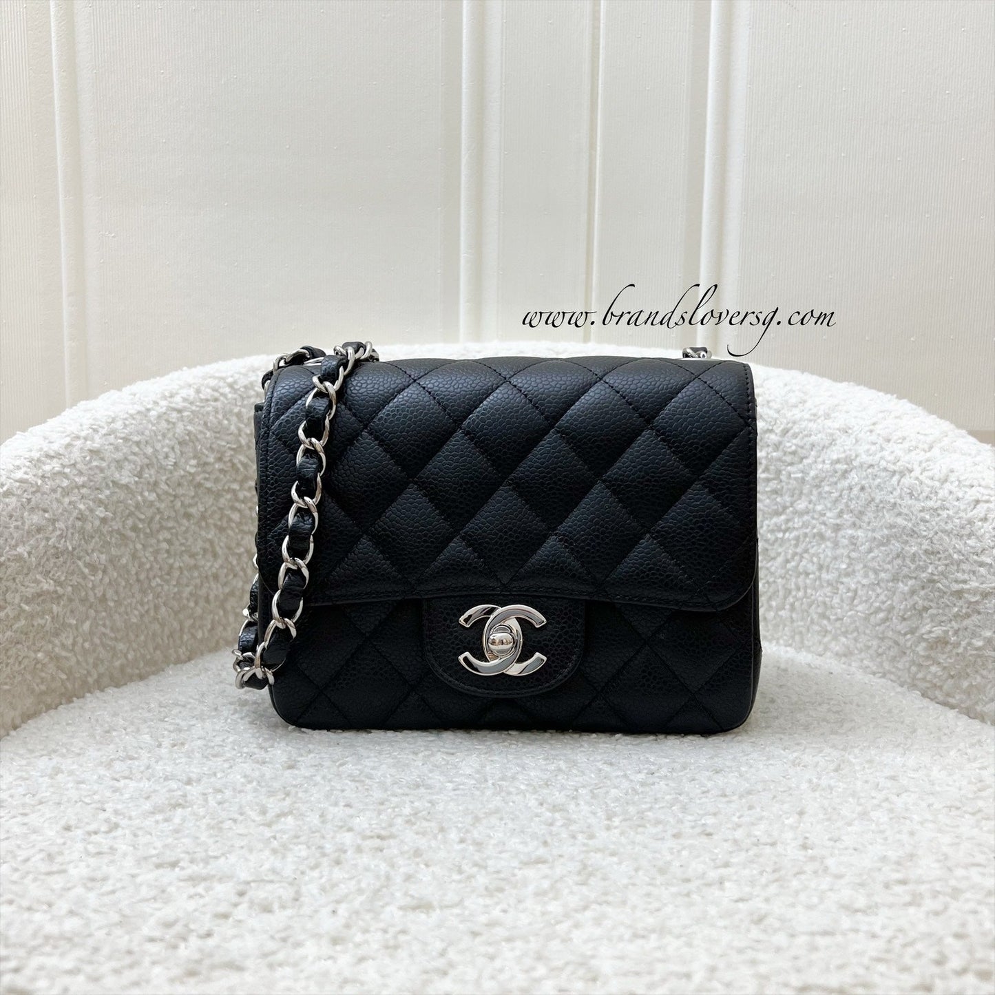 Chanel Classic Mini Square Flap in Black Caviar and SHW Accessory