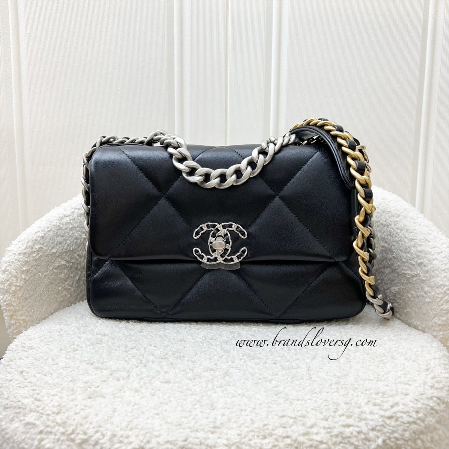 Chanel [Brand New] 19 Small Flap in Black Lambskin and 3-tone Hardware, Silver Turnlock (Model: ) Accessory