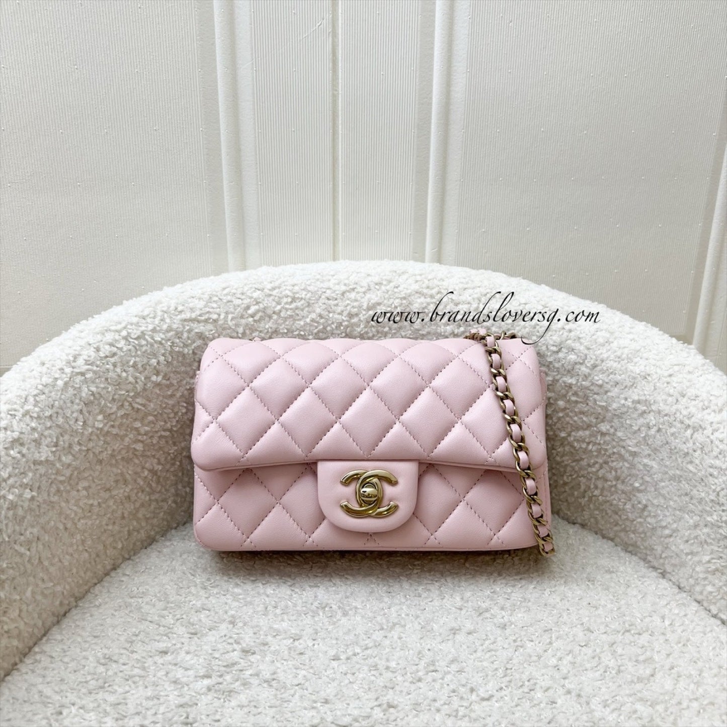 Chanel [Local Full Set] Extra Mini Rectangular Flap in Sakura Pink Lambskin and GHW (Model: ) Accessory