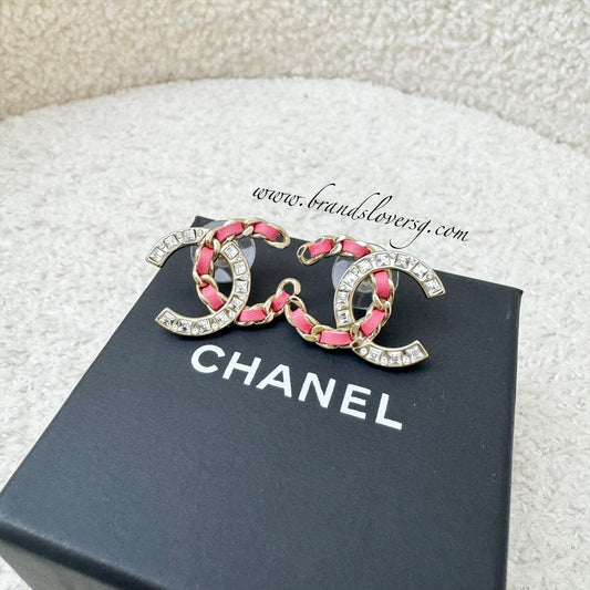 Chanel Medium CC Logo Earrings with Pink Leather and Crystals in LGHW Jewelry