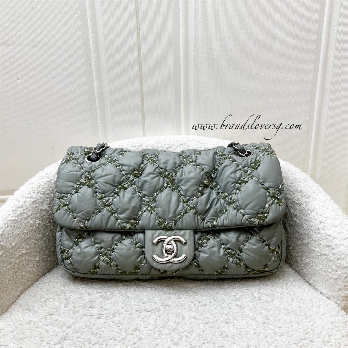 Chanel Tweed On Stitch Bubble Accordion Flap in Greenish Grey Nylon and SHW Accessory