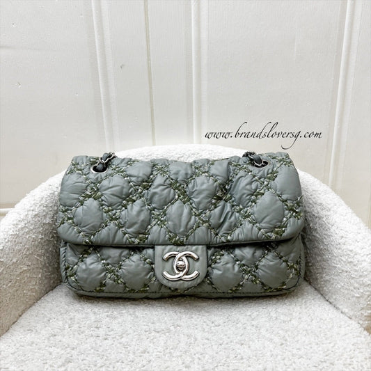 Chanel Tweed On Stitch Bubble Accordion Flap in Greenish Grey Nylon and SHW Accessory