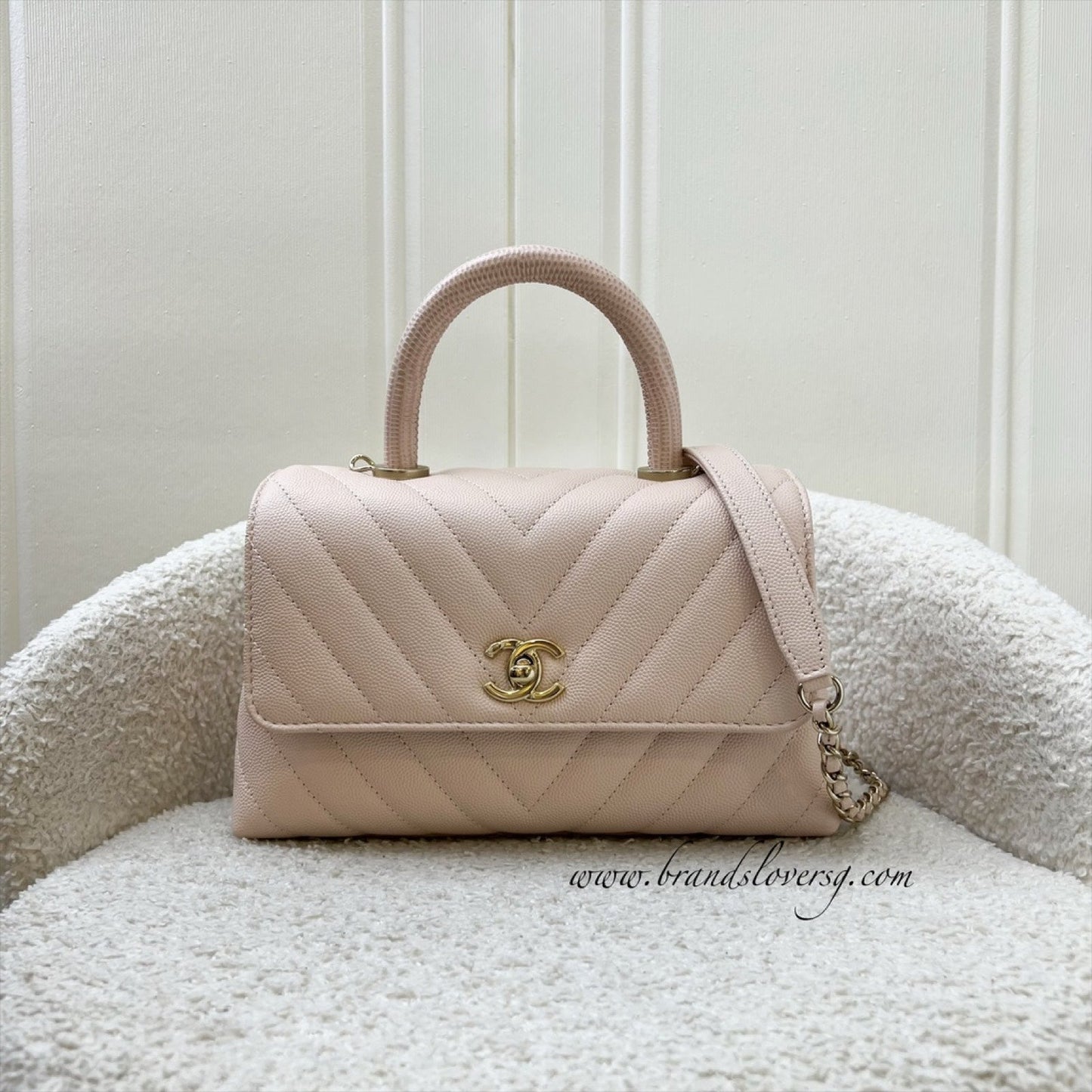Chanel Small Coco Handle in Chevron Quilted Beige Pink Caviar and LGHW Accessory