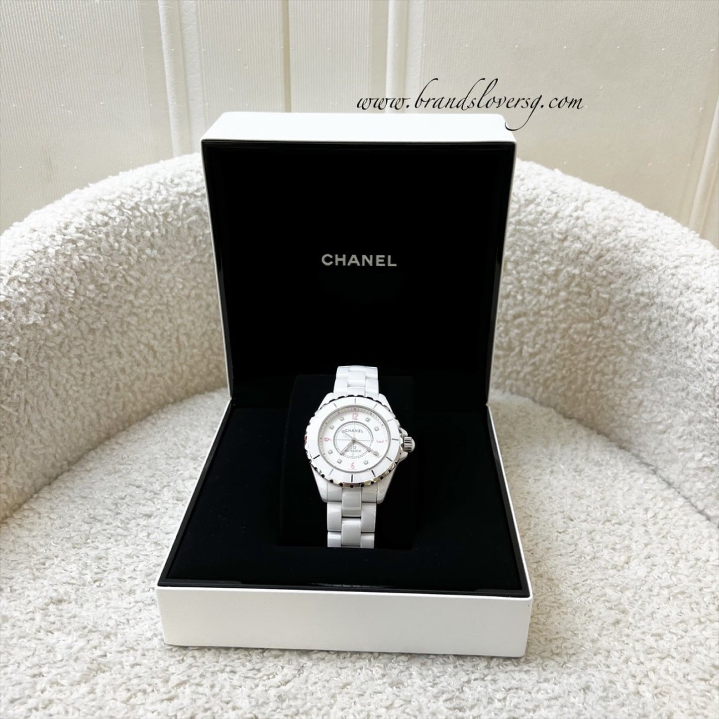 Chanel [Serviced for $1380 in Feb 2026] Limited Edition "Pink Light" J12 Watch Automatic Movement with 8 Diamonds in White Ceramic Bracelet and Steel (Model: )