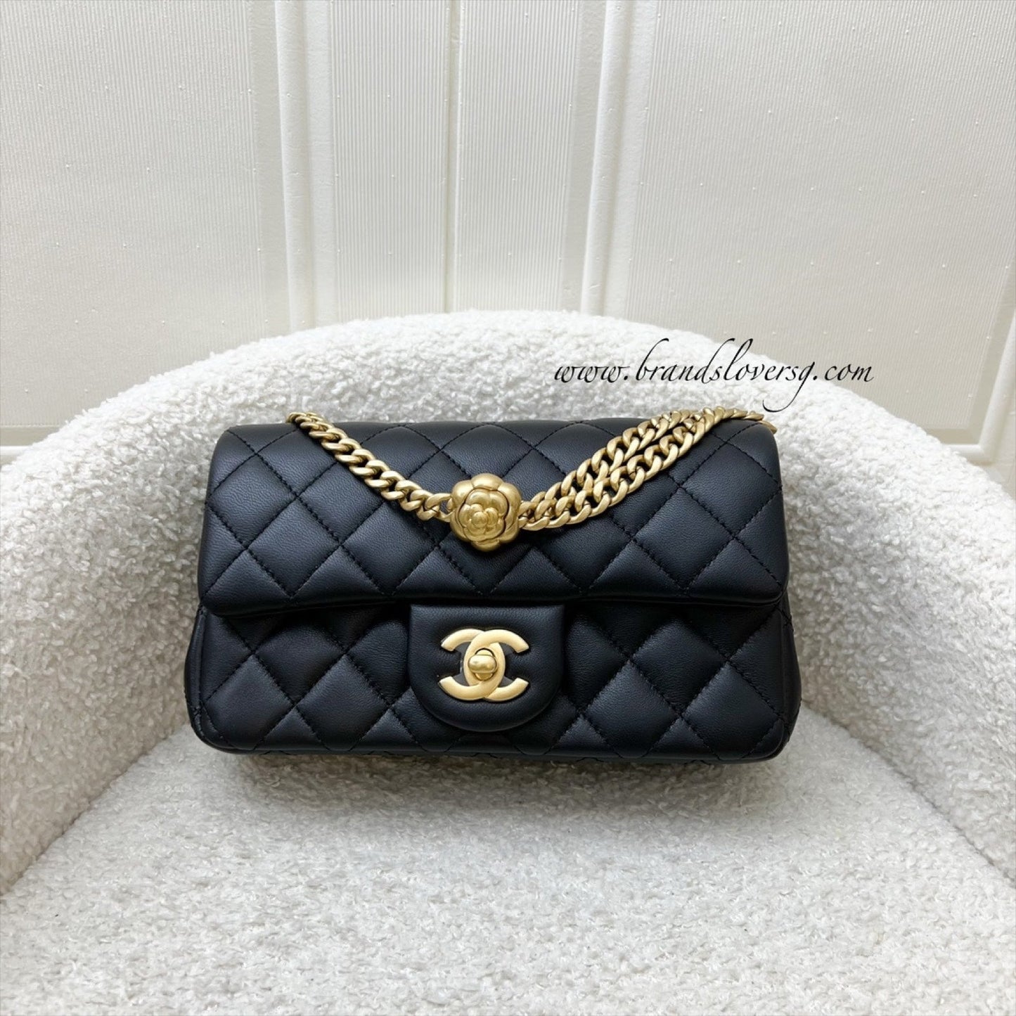 Chanel Mini Rectangular Flap Bag with Camellia Flower Adjustable Chain in Black Stiff Lambskin and AGHW (Model: )