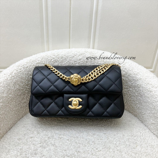 Chanel Mini Rectangular Flap Bag with Camellia Flower Adjustable Chain in Black Stiff Lambskin and AGHW (Model: )