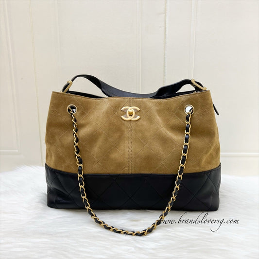 Chanel Two-Tone Tote Bag in Light Brown Suede, Black Calfskin and AGHW