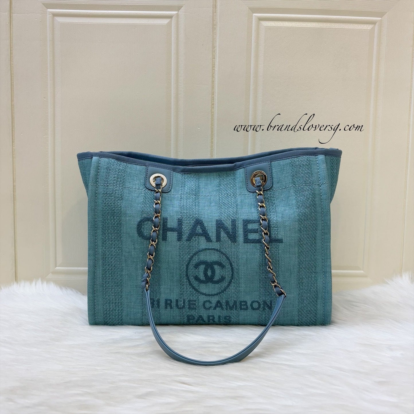 Chanel Small / Medium Deauville Tote in Green / Turquoise Fabric and LGHW (Model: )