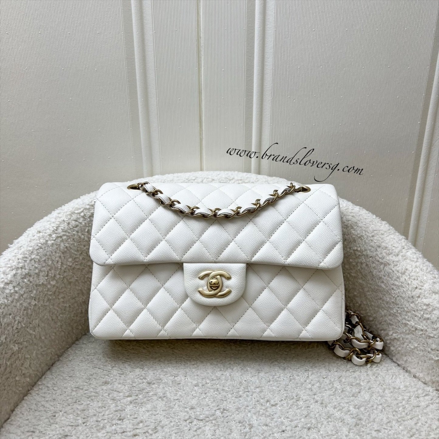 Chanel Small Classic Flap CF in White Caviar and LGHW Accessory