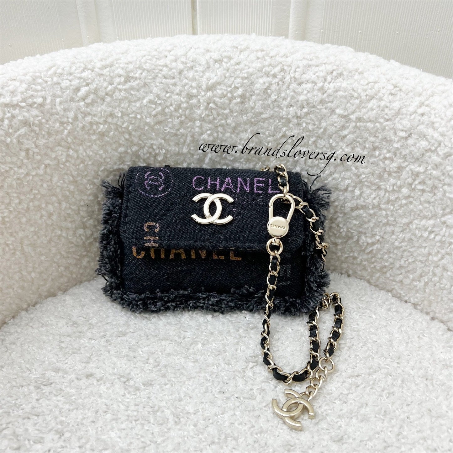 Chanel Waist Bag / Clutch on Chain in Black Printed Denim and GHW