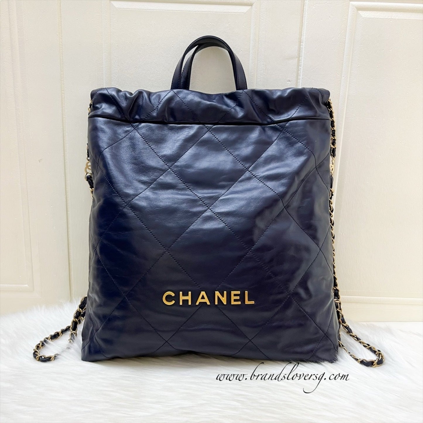 Chanel 22 Large Backpack in Navy Blue Shiny Calfskin and AGHW