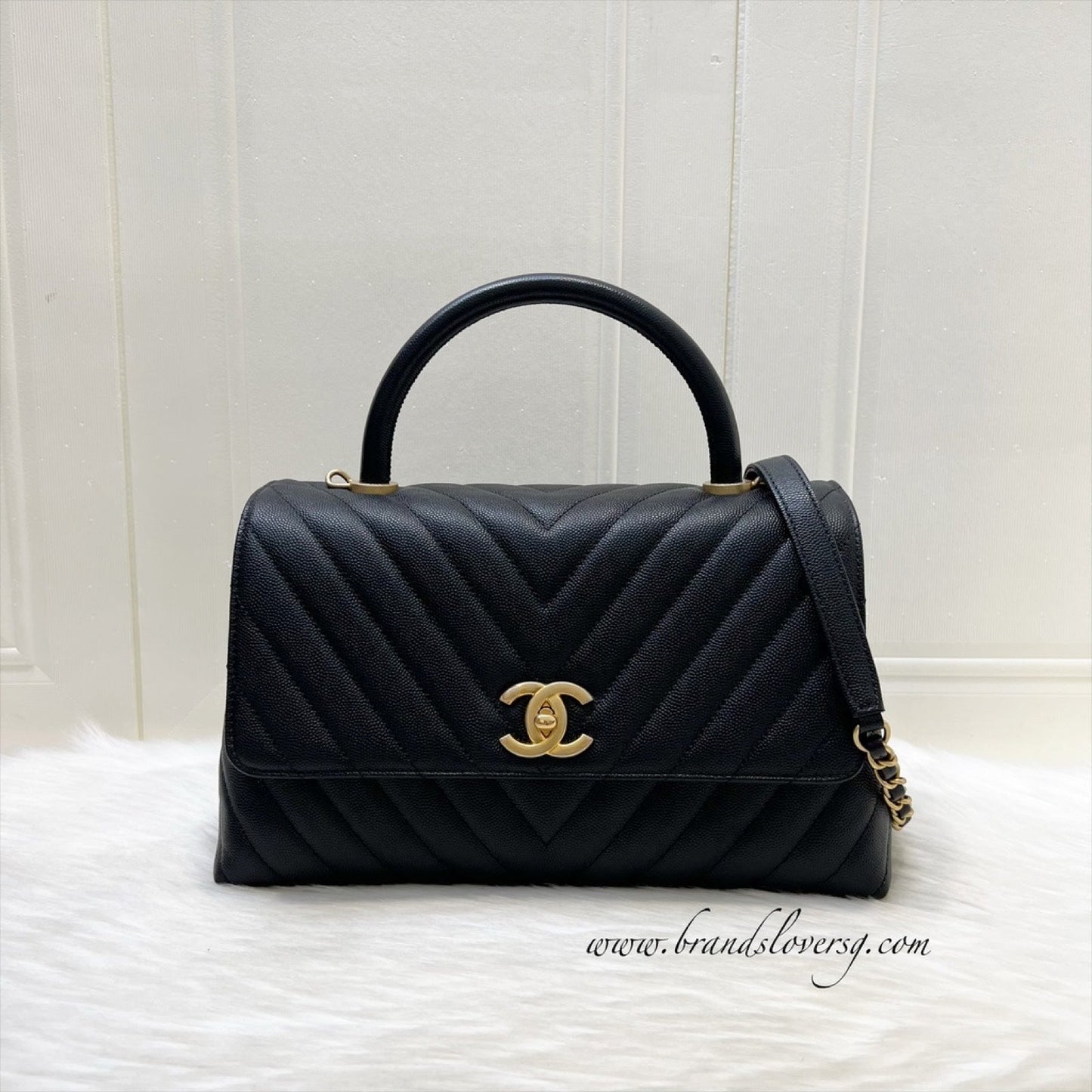 Chanel Medium Coco Handle Flap in Chevron Quilted Black Caviar and GHW (Model: ) Accessory
