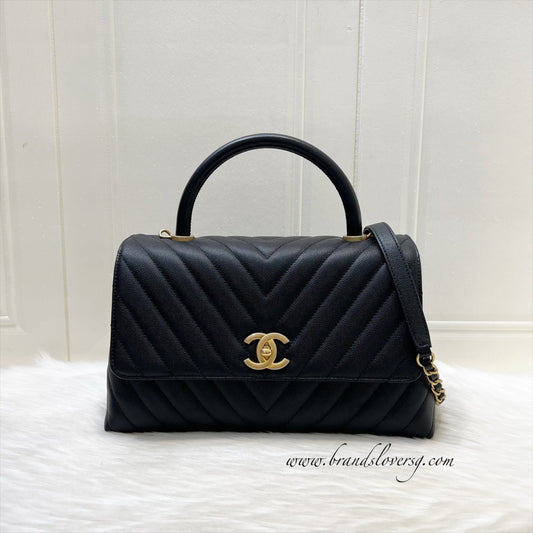 Chanel Medium Coco Handle Flap in Chevron Quilted Black Caviar and GHW (Model: ) Accessory