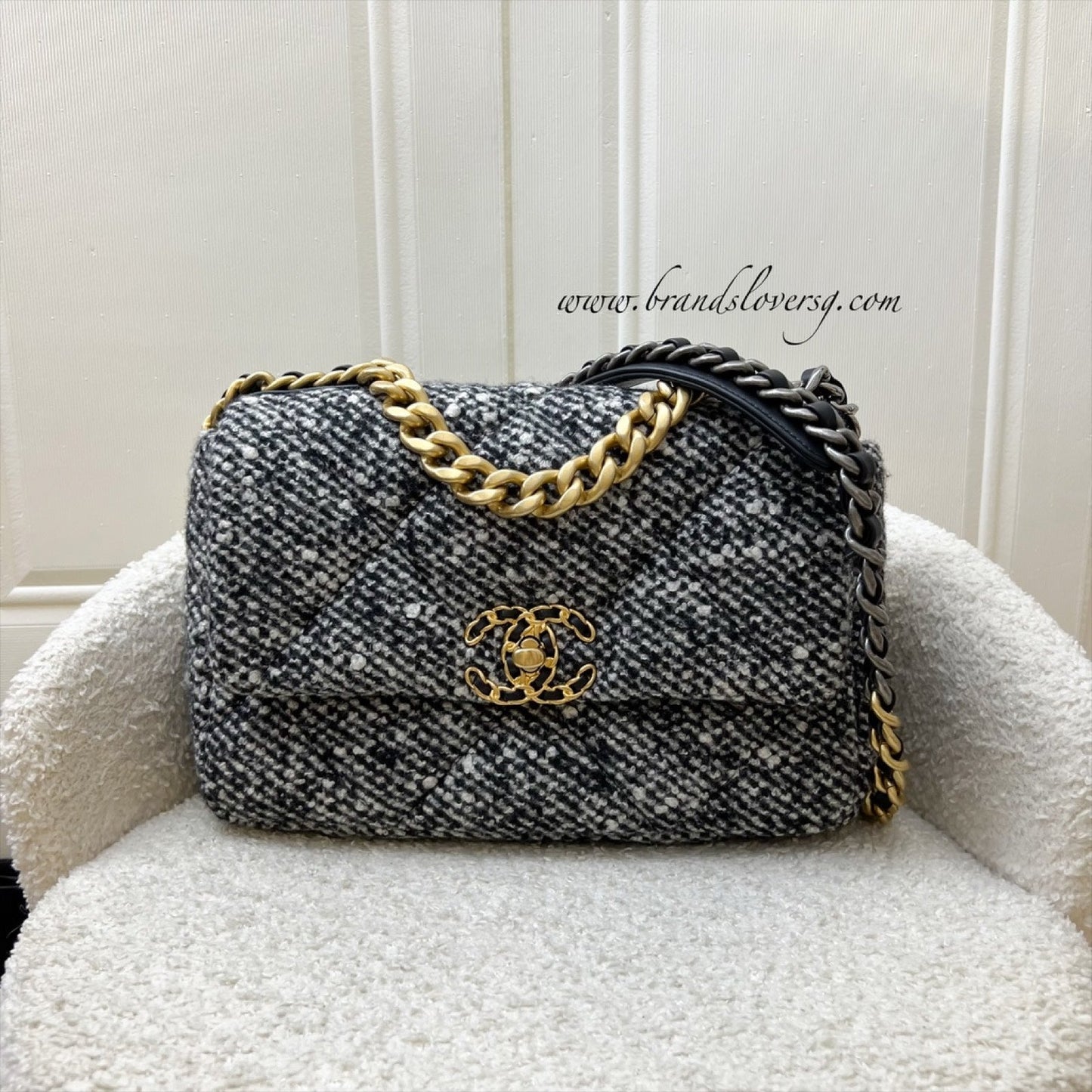 Chanel 19 Small Flap in Black and White Tweed Fabric and 3-tone HW Accessory