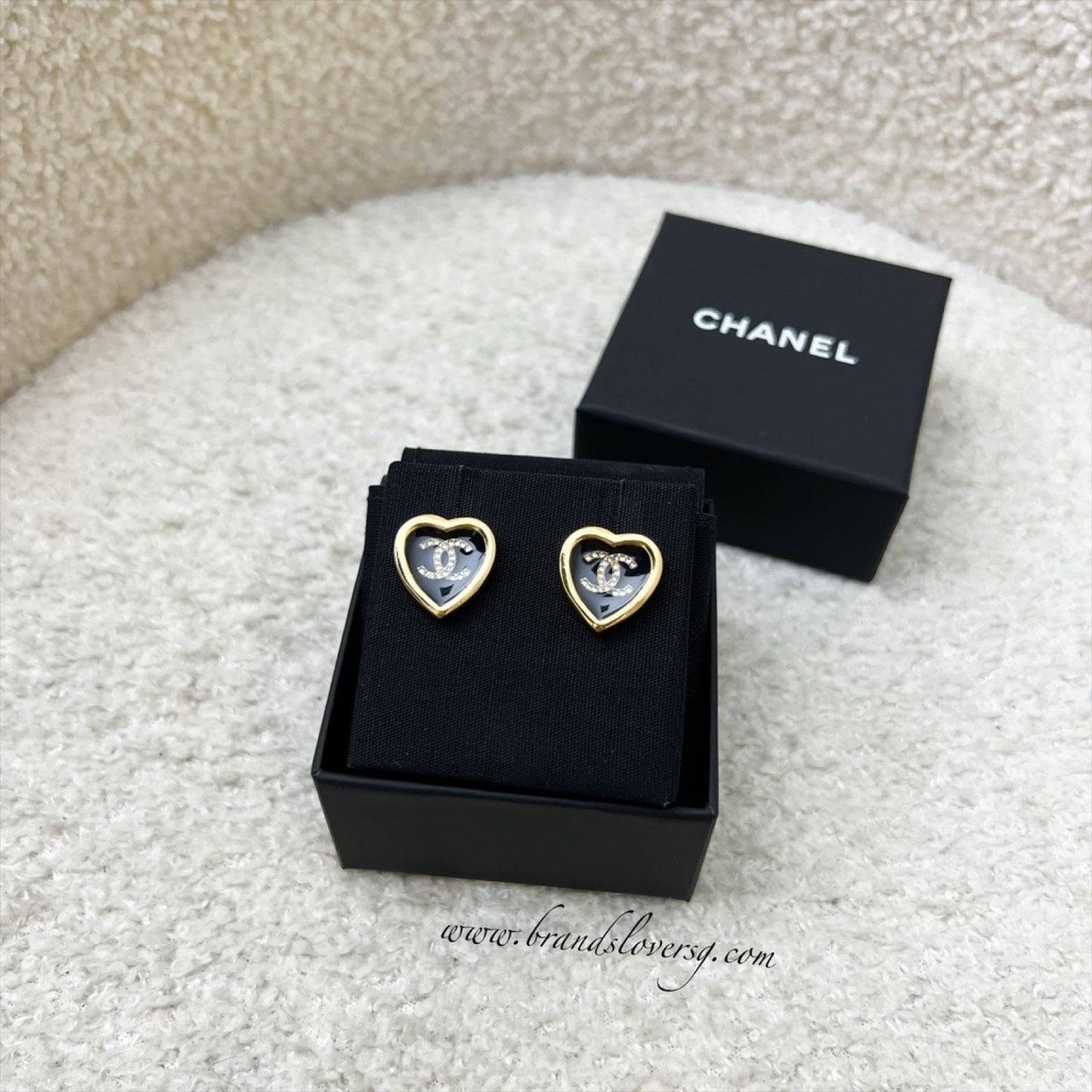 Chanel Heart Earrings with Crystal Studded CC in Black Enamel and LGHW Jewelry