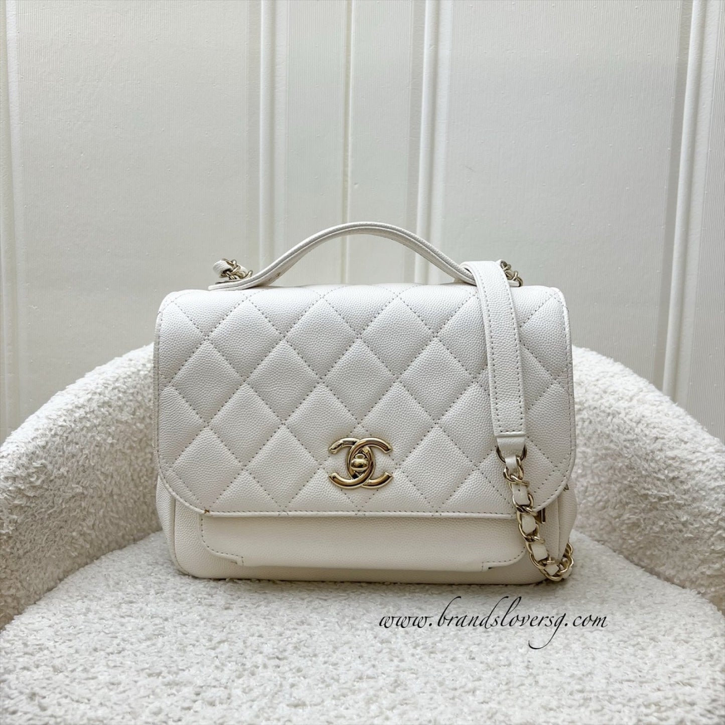 Chanel Medium Business Affinity in White Caviar and LGHW Accessory