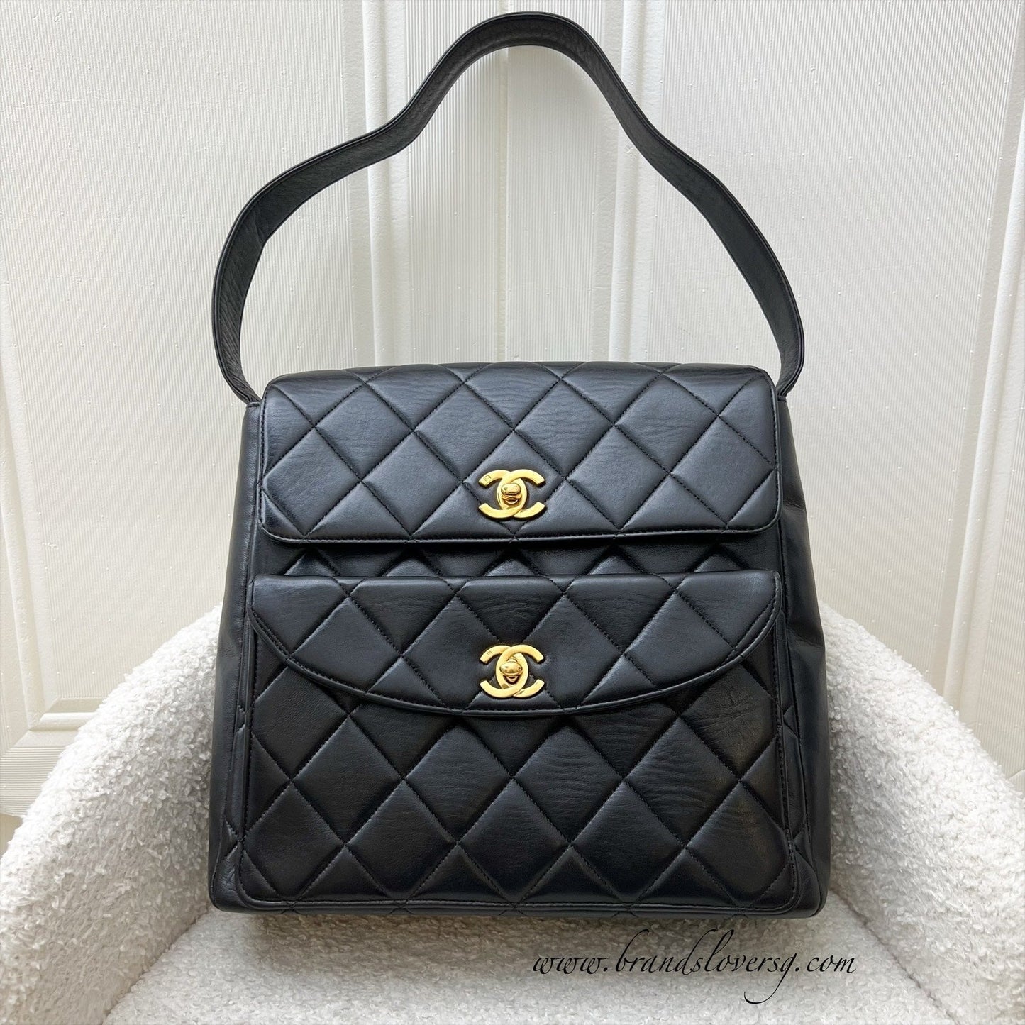 Chanel Double Pocket Shoulder Bag in Black Lambskin and GHW
