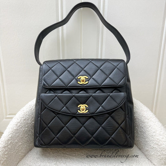 Chanel Double Pocket Shoulder Bag in Black Lambskin and GHW
