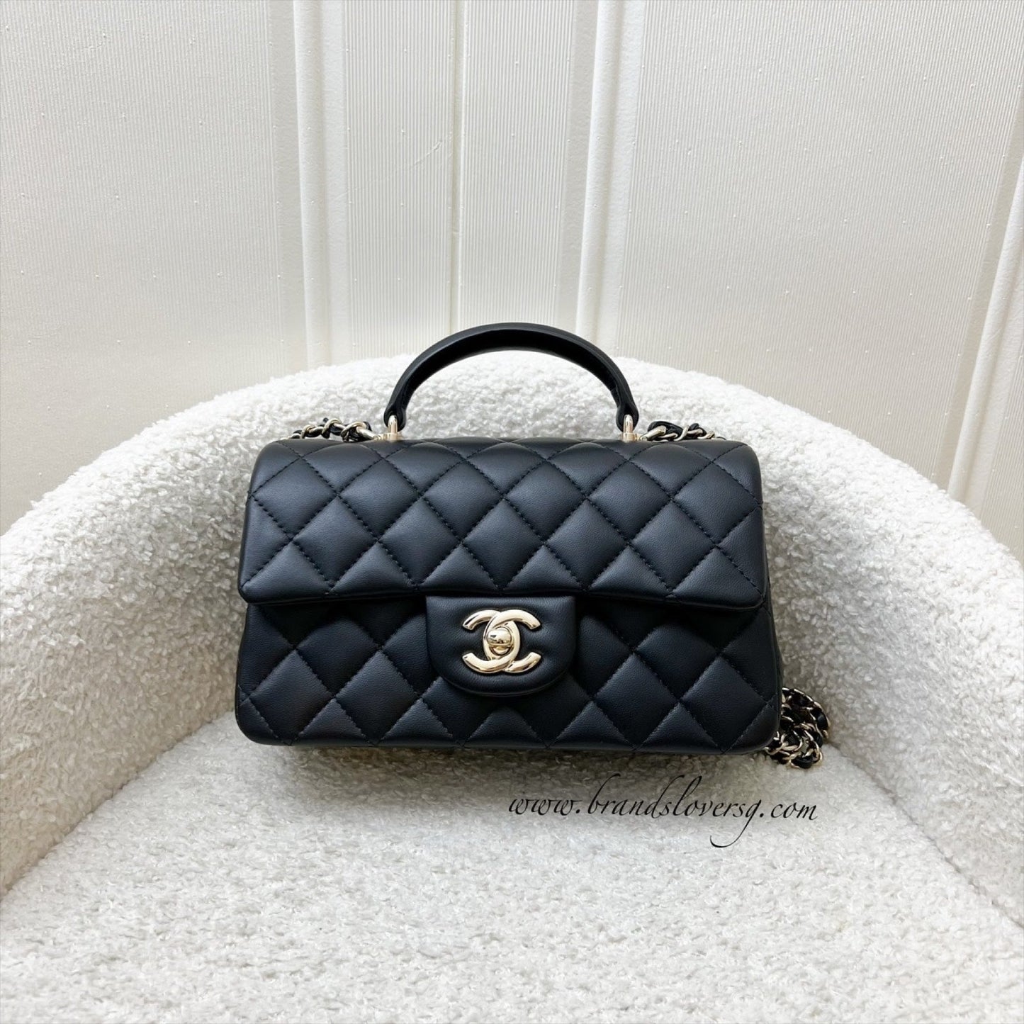 Classic Top Handle Mini Rectangle Flap in Black Lambskin and LGHW (Model: ) Bag Signature
