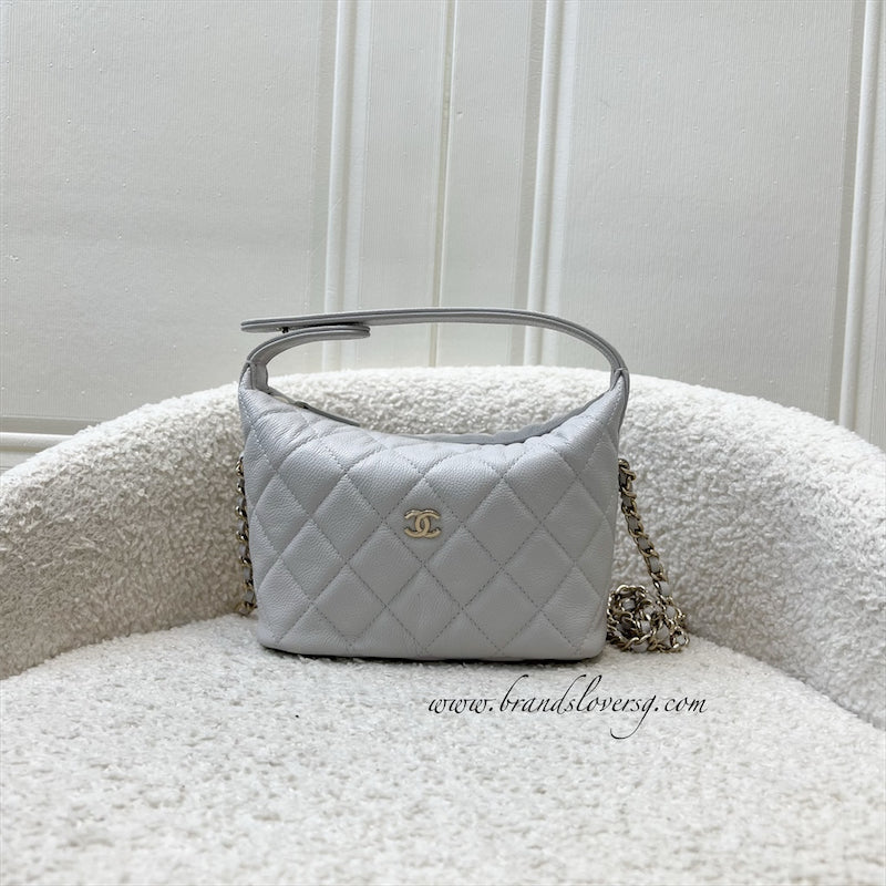 Chanel Quilted Hobo Clutch on Chain in Light Grey Caviar and LGHW