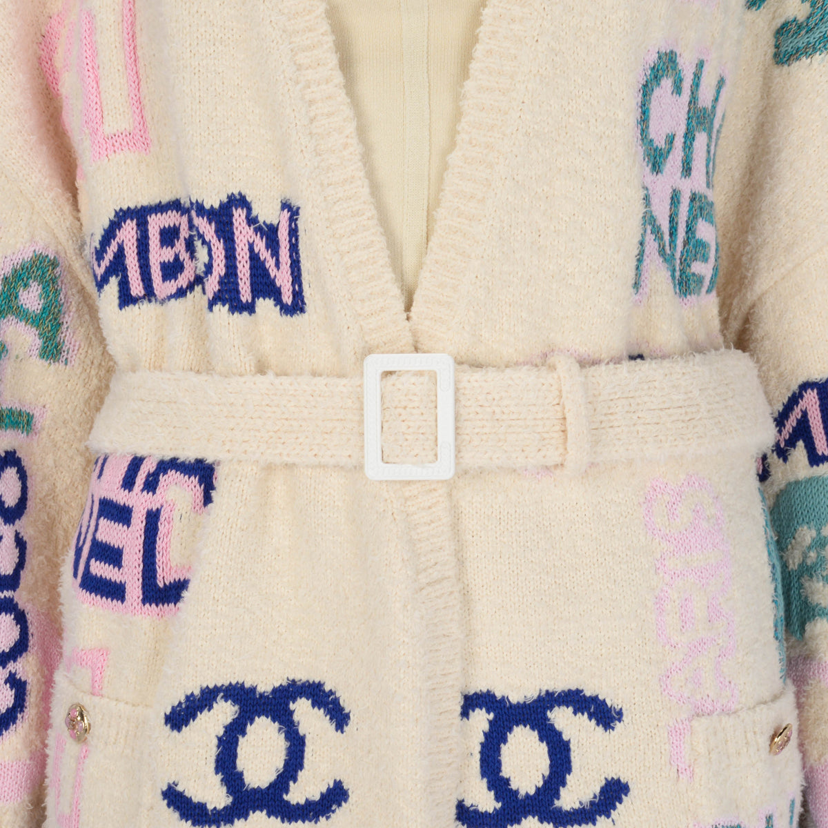 Chanel Multi Colour Cotton Logo Belted Cardigan FR 42 Apparel
