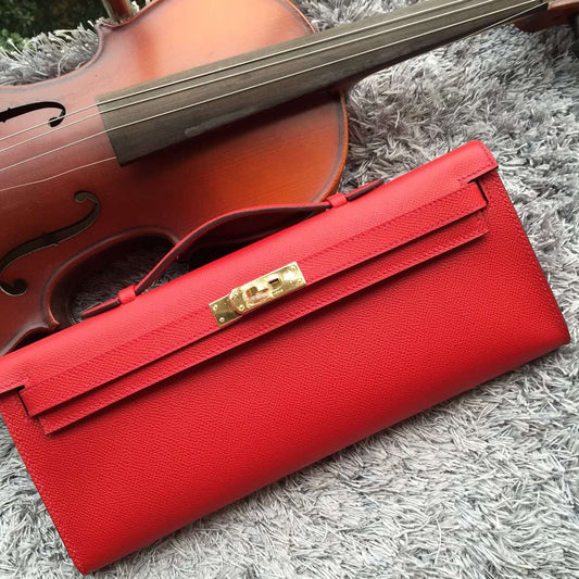 Hermes Luxury Handcrafted Kelly Cut Clutch Handbag Red Clutch Bag