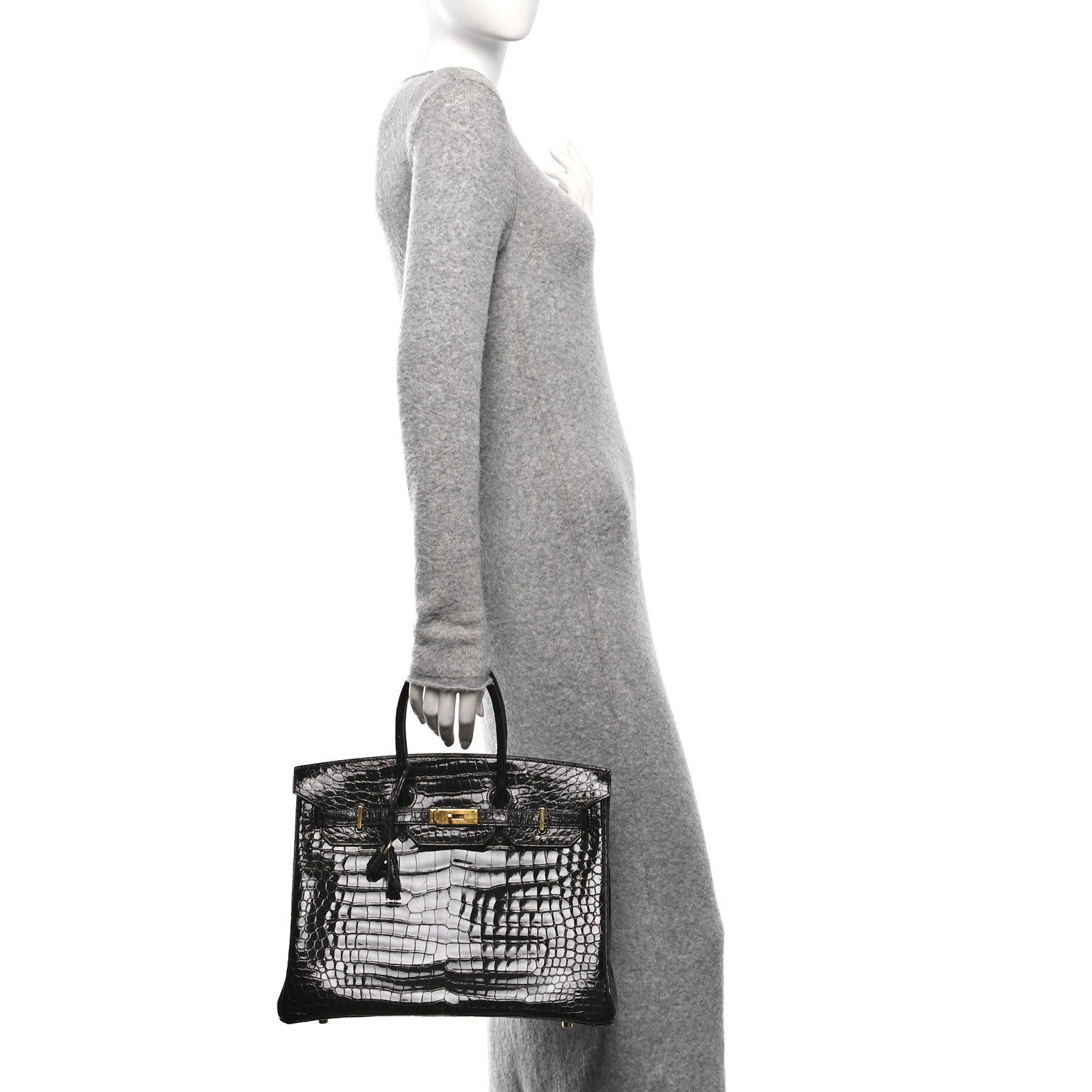 Hermes Shiny Porosus Crocodile Birkin Handbag Black Travel Bag 35 Black 1665761