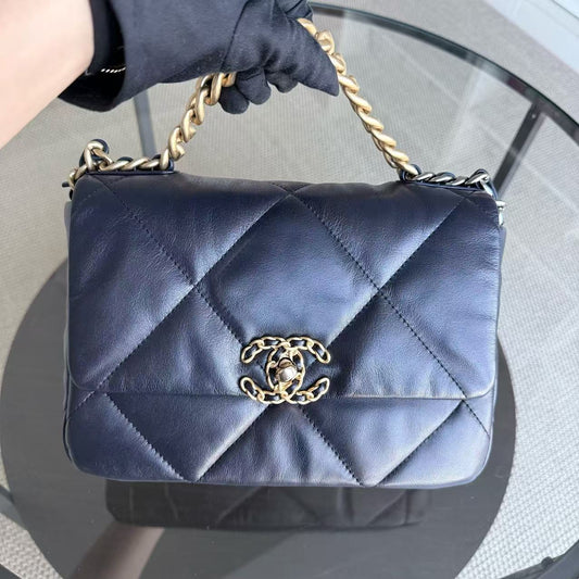 Chanel 19 Bag Small - 26CM Goatskin Dark Quilted Blue Handbag