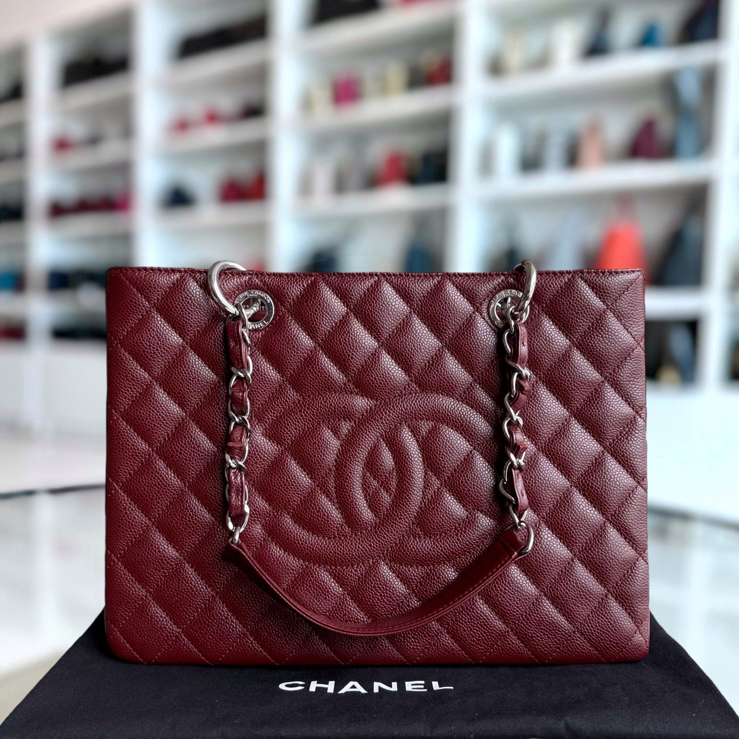 Chanel GST Grand Shopping Tote - Burgundy Caviar Quilted Silver Tote Bag