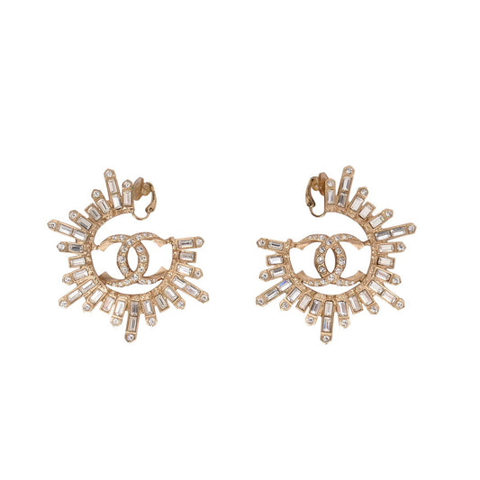 Chanel Gold Tone Baguette Crystal CC Clip-on Earrings Jewelry