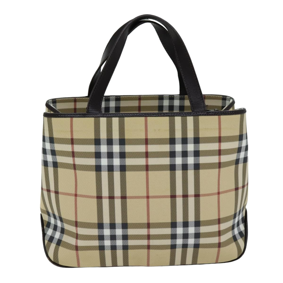 Burberry Luxury Nova Check Hand Bag Pvc Dark Auth Leather Brown Beige Travel Bag