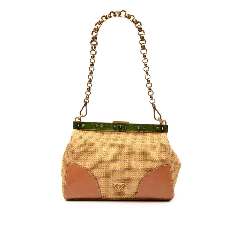 Prada Triangle Plate Straw Shoulder Bag Logo