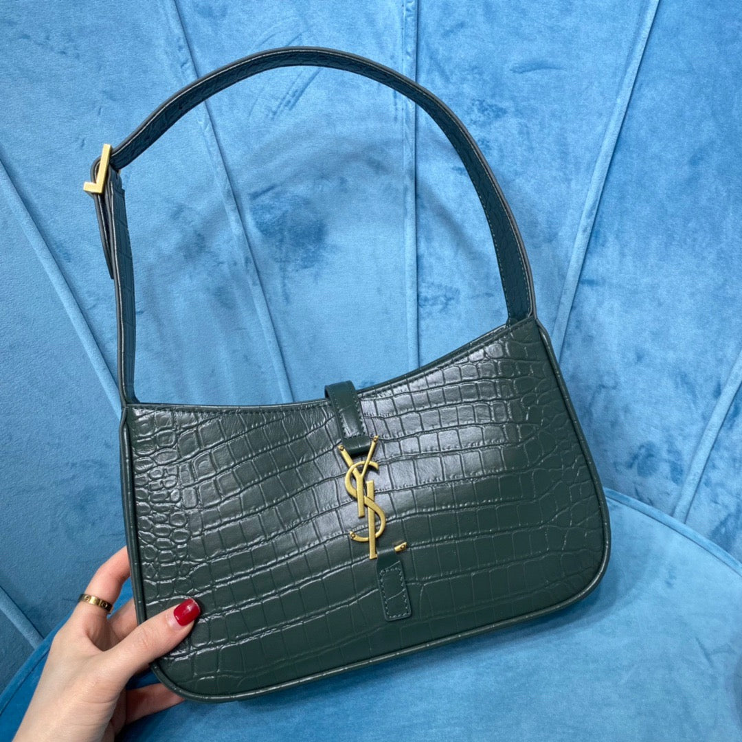 YSL Saint Laurent Le 5 Ã 7 Crocodile Green Shoulder Bag