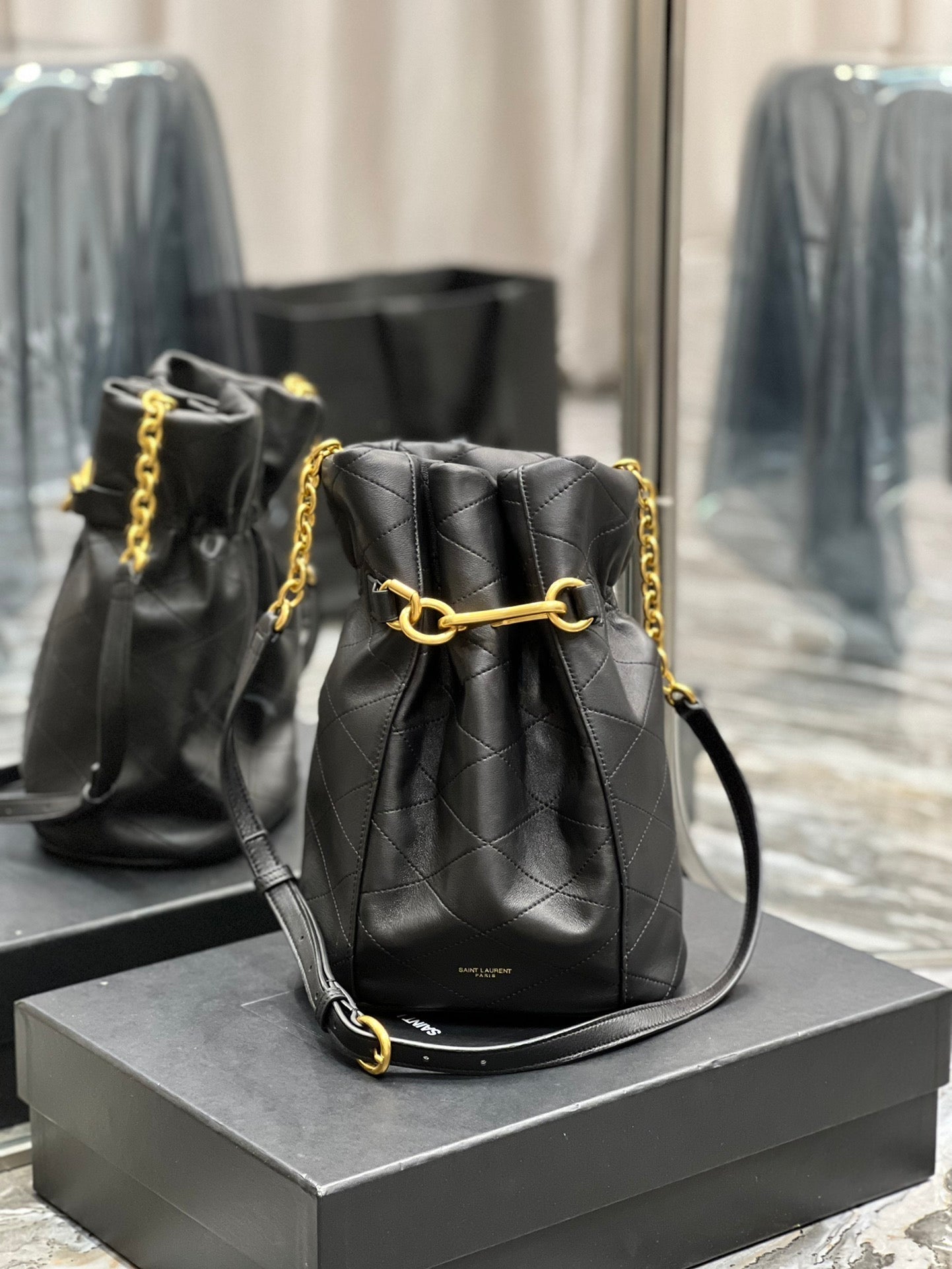YSL Saint Laurent Le Maillon 10in 27cm Black Bucket Bag