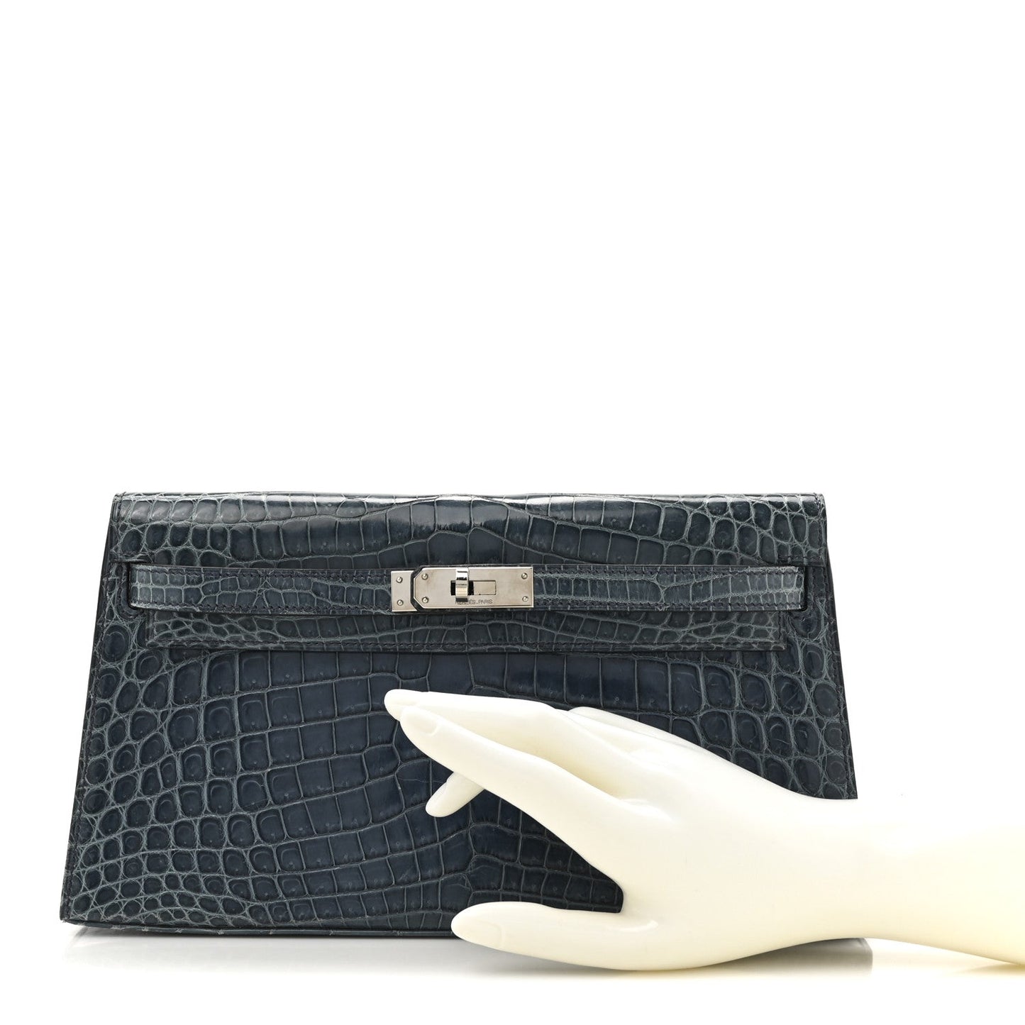 Hermes Shiny Niloticus Crocodile Kelly Elan Pochette Bleu Tempete Travel Bag