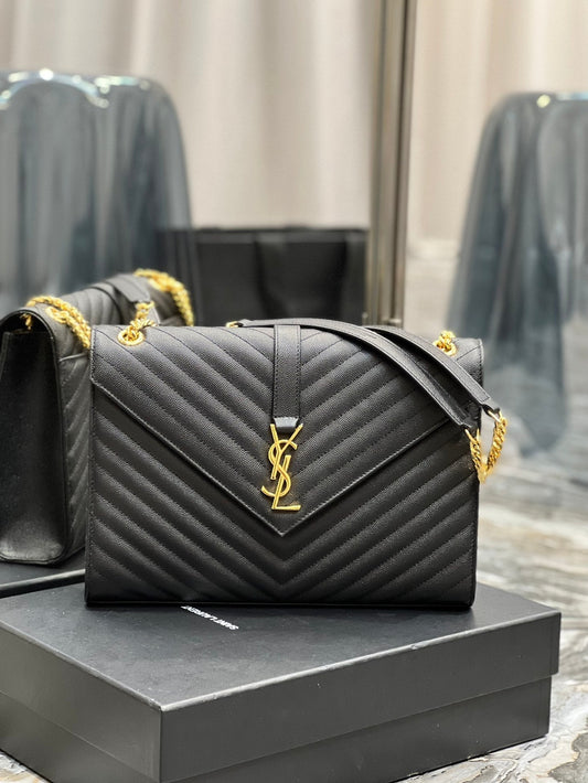 YSL Saint Laurent College 12in 32cm Black Large Chain Handbag