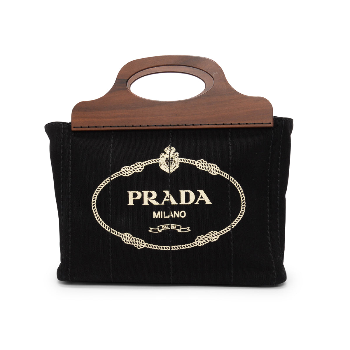 Prada Wood Handle Canapa Tote Canvas Black Tote Bag