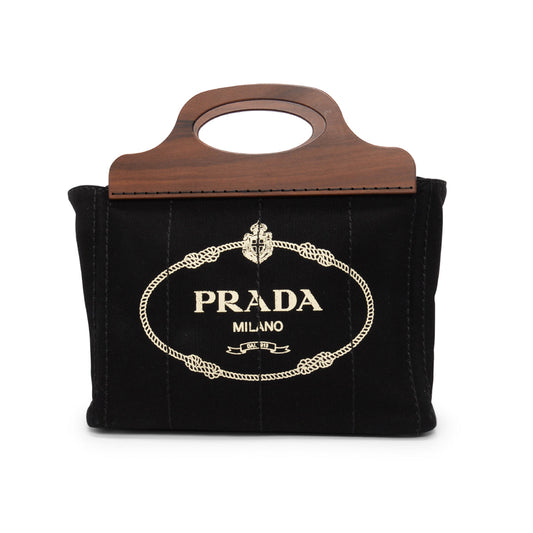 Prada Wood Handle Canapa Tote Canvas Black Tote Bag