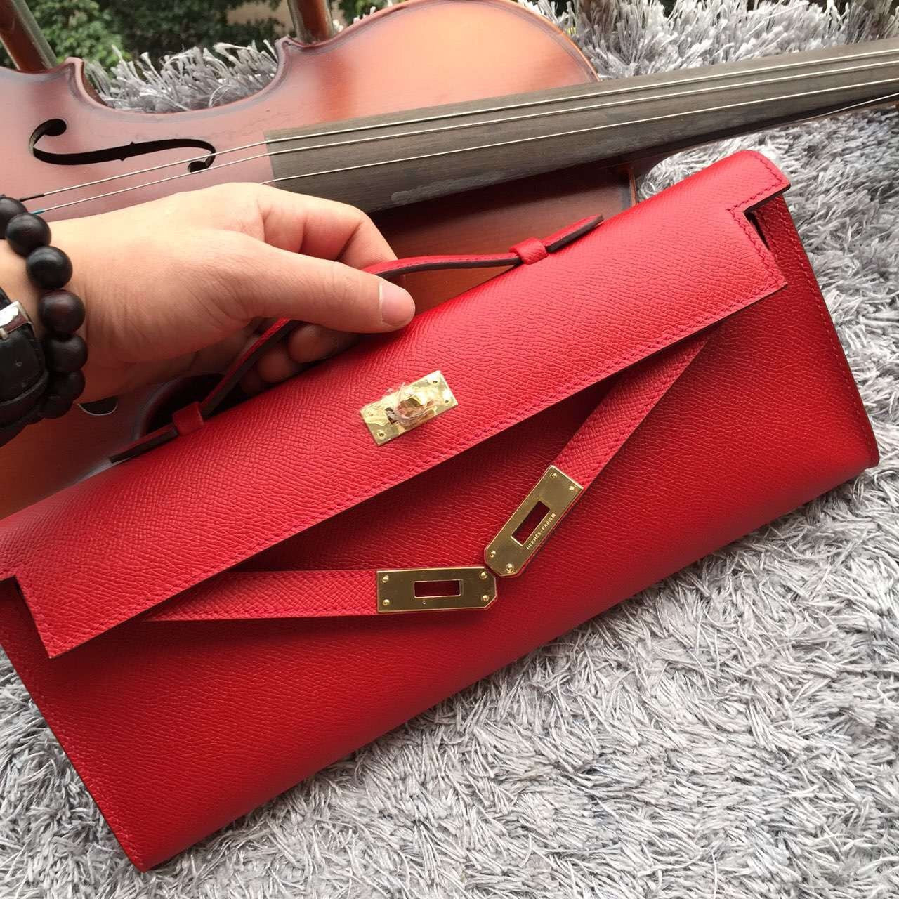 Hermes Luxury Handcrafted Kelly Cut Clutch Handbag Red Clutch Bag