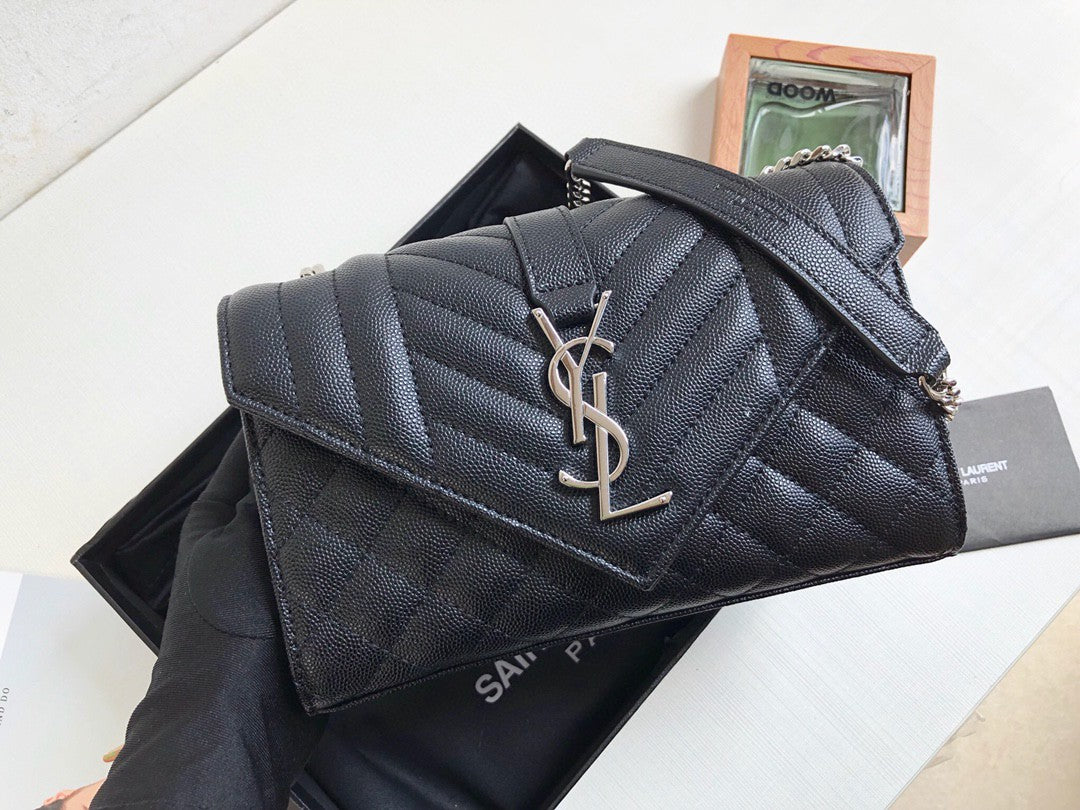 YSL Saint Laurent Envelope Mix MatelassÃ© 8in 21cm Grain De Poudre Black Small Handbag