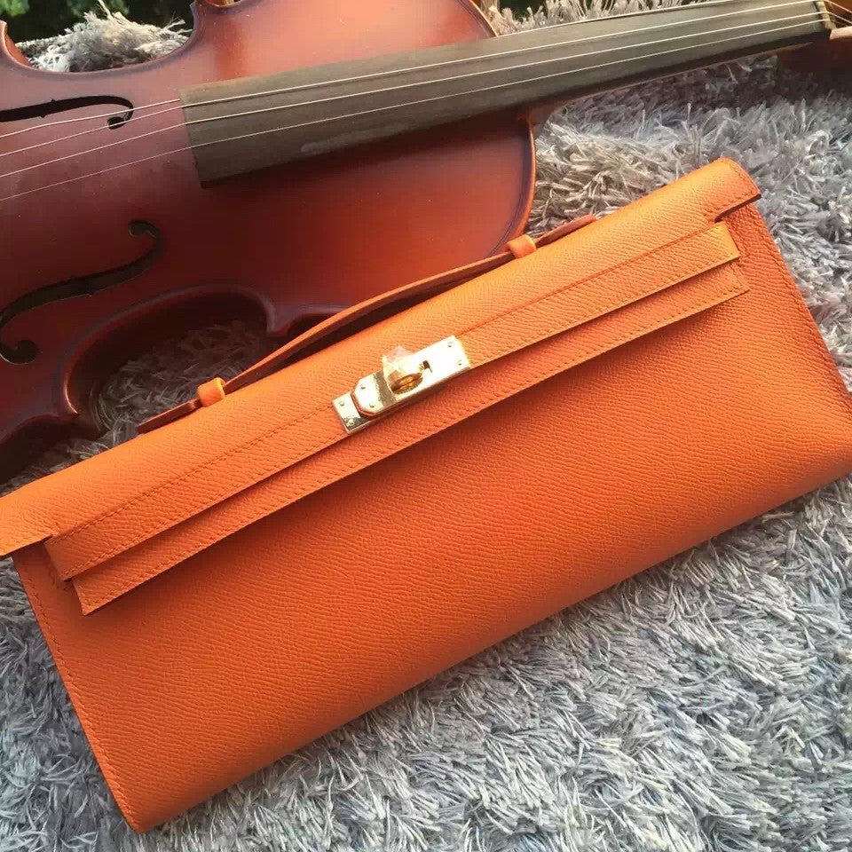 Hermes Luxury Orange Handcrafted Kelly Cut Clutch Handbag Clutch Bag