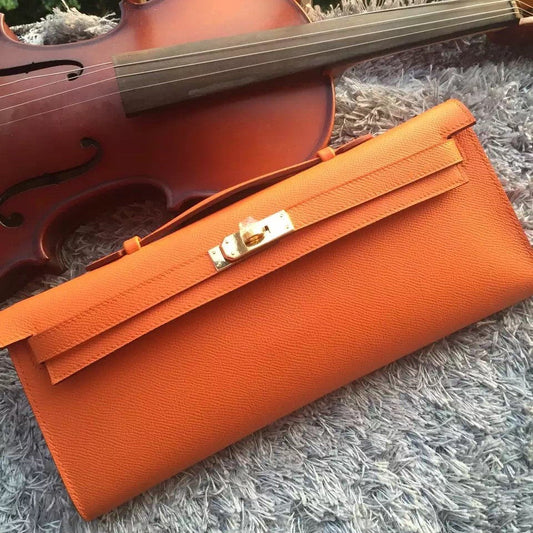 Hermes Luxury Orange Handcrafted Kelly Cut Clutch Handbag Clutch Bag